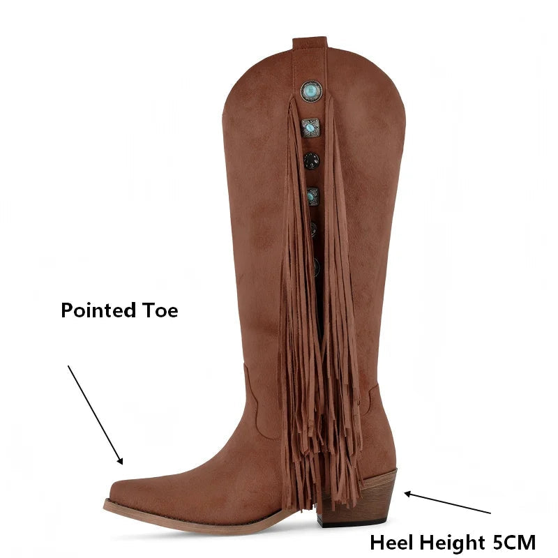 Side profile of fringe detail pointed toe western boots showing heel height