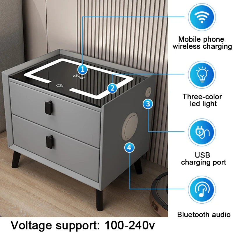 Solid Wood Smart Bedside Table USB LED Mini Locker Glass Cabinet