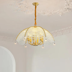 A sparkling crystal chandelier illuminating a modern living room, creating a luxurious ambiance.