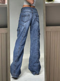 Women's High Waist Baggy Pockets Blue Denim Trouser