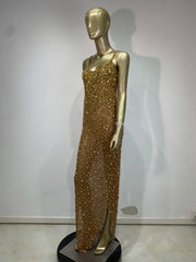 Rhinestone Mesh Embellished Spaghetti Strap Maxi Dress