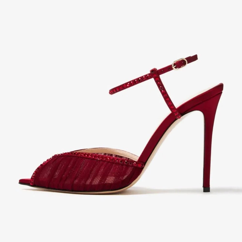 Burgundy crystal mesh stiletto heel with pointed toe and ankle strap