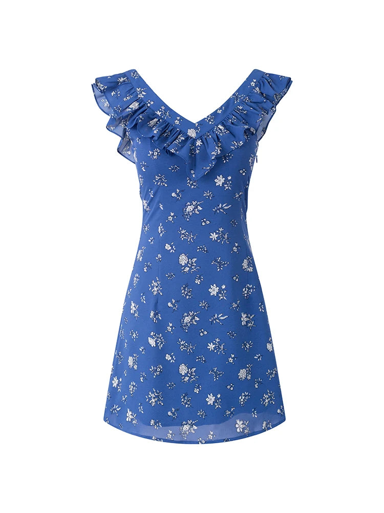 Ruffled V-neck sleeveless A-line mini dress