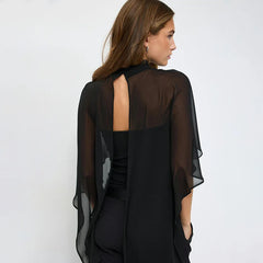 Black Sheer Cape Overlay High Neck Top
