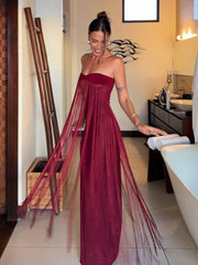 Burgundy Strapless Fringed Maxi Dress