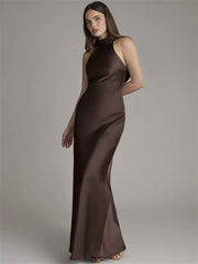 Halter Neck Sleeveless Satin Maxi Dress