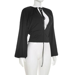 Tie Neck Slit Long Sleeve Blouse