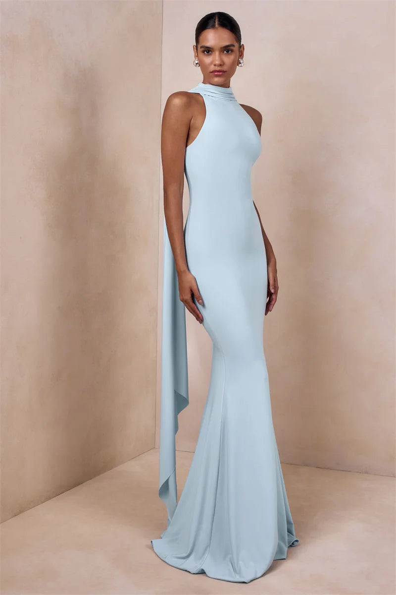 Halter cape maxi dress in light blue