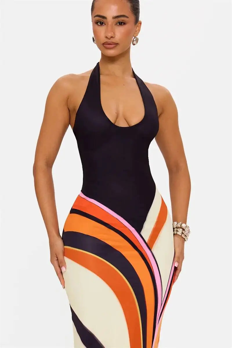 Swirl print halter neck maxi dress close-up