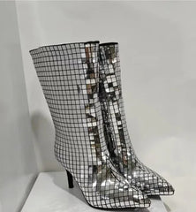 Side profile of Crystal Sequin Pointed Toe Boots with a stiletto heel.