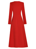 O-neck Bow Long Sleeve Front Split Thickened Red Dress