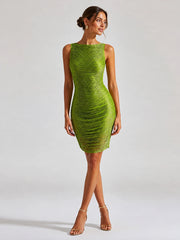 Green ruched metallic thread sleeveless mini dress