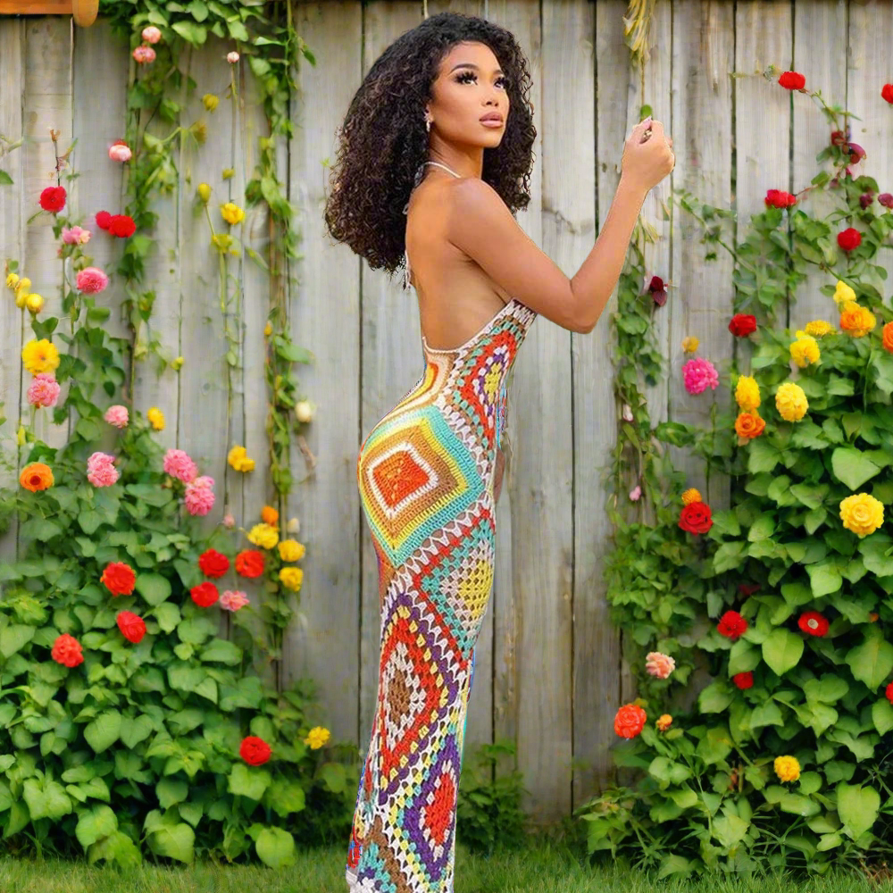 Women Handmade Crochet Knitted Multi Color Long Dress