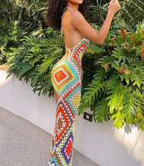 Women Handmade Crochet Knitted Multi Color Long Dress 