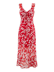 Red Ruffled V-Neck Sleeveless A-Line Midi Dress