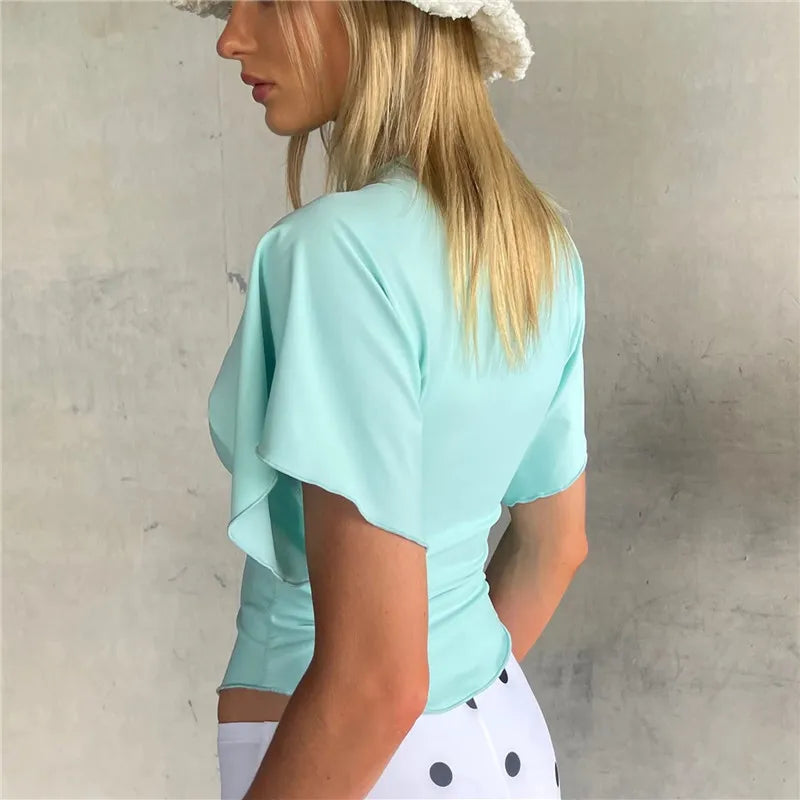 Mint green keyhole tie front flutter sleeve crop top back view