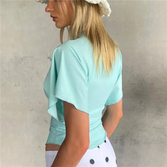 Mint green keyhole tie front flutter sleeve crop top back view