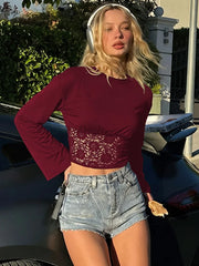 Lace Waist Trim Flare Sleeve Top