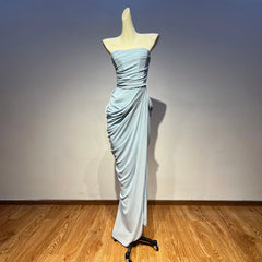 Strapless Lace Up Draped Slit Maxi Dress