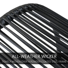 Black wicker chair with text 'All-Weather Wicker' and 'Tightly woven over a powder-coated steel frame'.