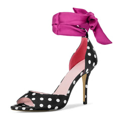 Polka dot peep toe stiletto sandal with fuchsia ribbon tie