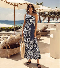 Navy and White Print One Shoulder Swimwear Set