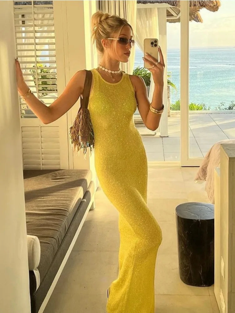 Solid O-Neck Sleeveless Sequin Women Long Dress