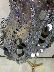 Silver Rhinestone Sequin Mesh Strapless Mini Dress