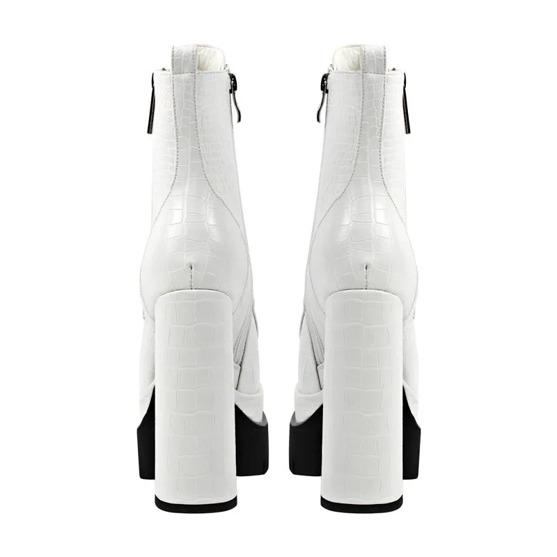 Rear view of white chunky platform lace-up ankle boots.