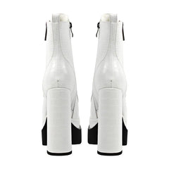 Rear view of white chunky platform lace-up ankle boots.