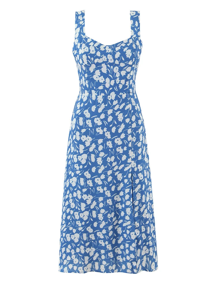 Blue floral print midi dress with square neckline and side slit