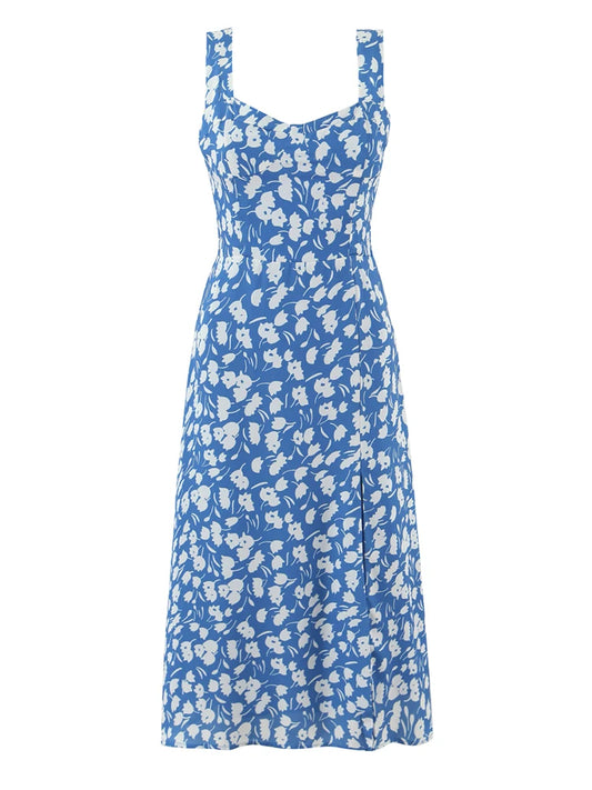 Blue floral print midi dress with square neckline and side slit