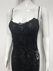 Black Rhinestone Lace Side Patchwork Spaghetti Strap Maxi Dress