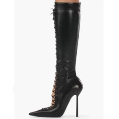 Lace Up Knee High Heel Boots