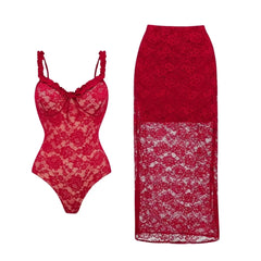 Red lace bodysuit and skirt shown separately