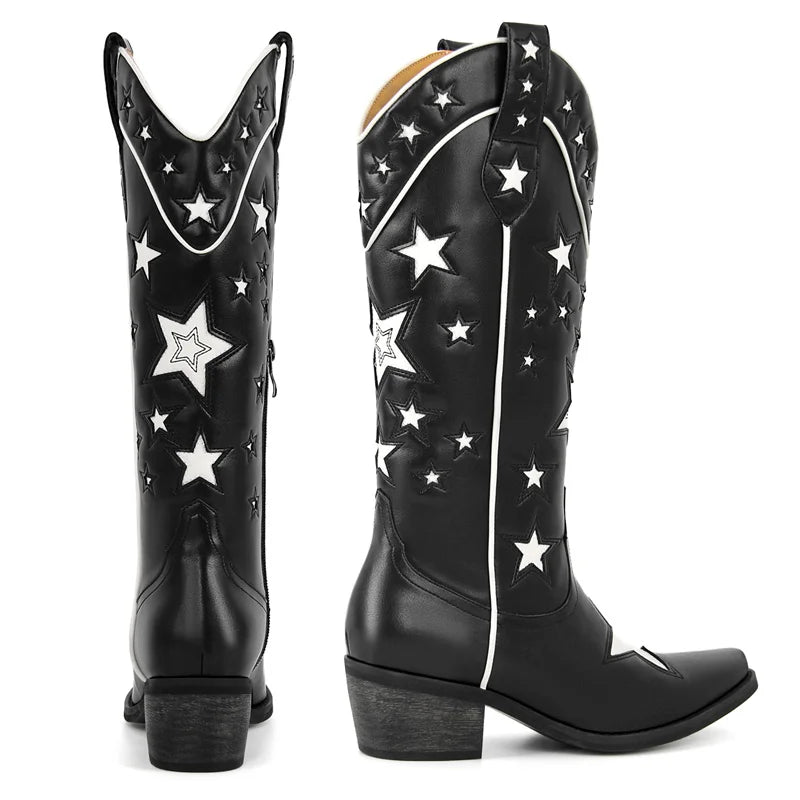 Black leather cowboy boots with white star patchwork and pointed toe, side view.