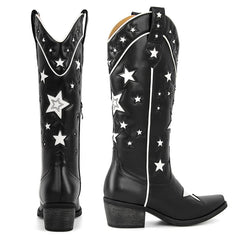 Black leather cowboy boots with white star patchwork and pointed toe, side view.