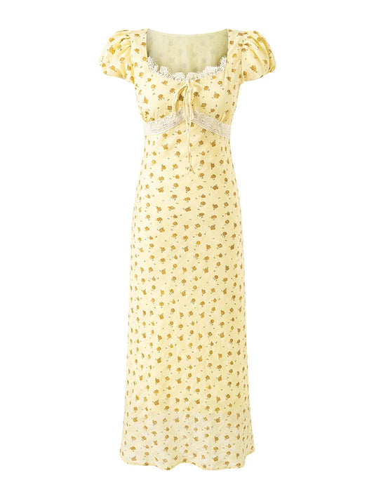 Yellow floral print midi dress with square neckline, puff sleeves, and lace trim