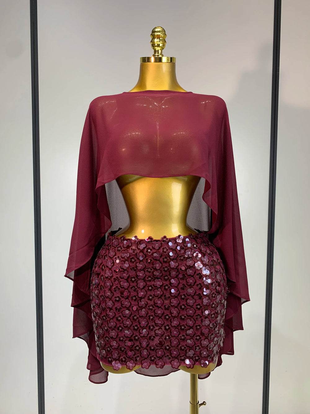 Burgundy chiffon cape and sequin mini skirt set