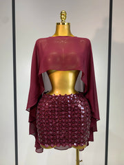Burgundy chiffon cape and sequin mini skirt set