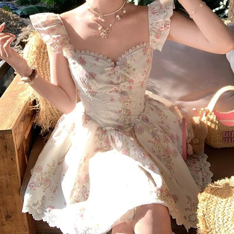 Woman wearing a romantic floral prairie mini dress with flying sleeves and V-neck, sitting in summer sunlight