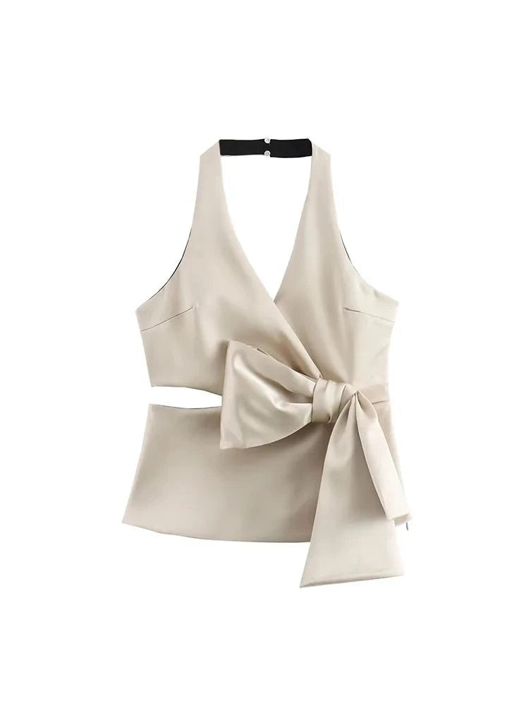 Solid V-Neck Open Back Hollow Waist Bow Decorated Top