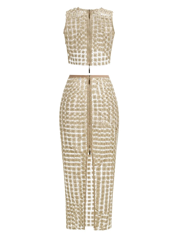 Cropped top and maxi skirt two-piece set with grid pattern