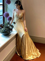 Sling Pleated Golden Floor-Length Dress