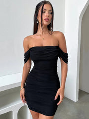 Women’s off-shoulder mini dress with ruched backless bodycon design.