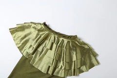 Tiered Shawl Neck Olive Green Maxi Dress