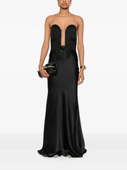 Black strapless gown with cut-out design on a white background