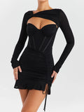 Black Mesh Long Sleeve Strapless Lace-up Mini Dress