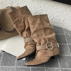 Ruffled Pointed Toe Buckle Detail Boots