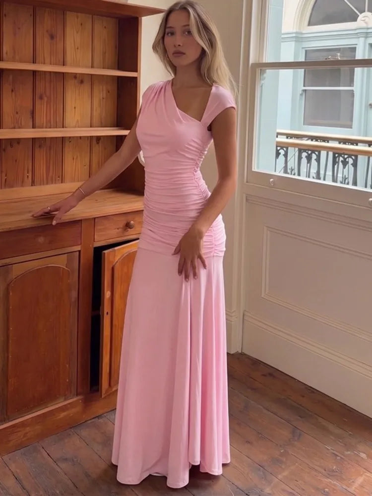 Asymmetric neckline ruched maxi dress in pink